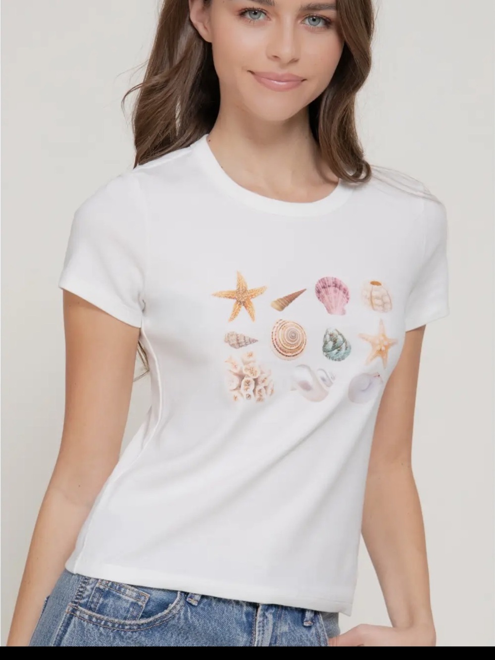 🌺New White Seashell Graphic Crewneck Tee top S M L